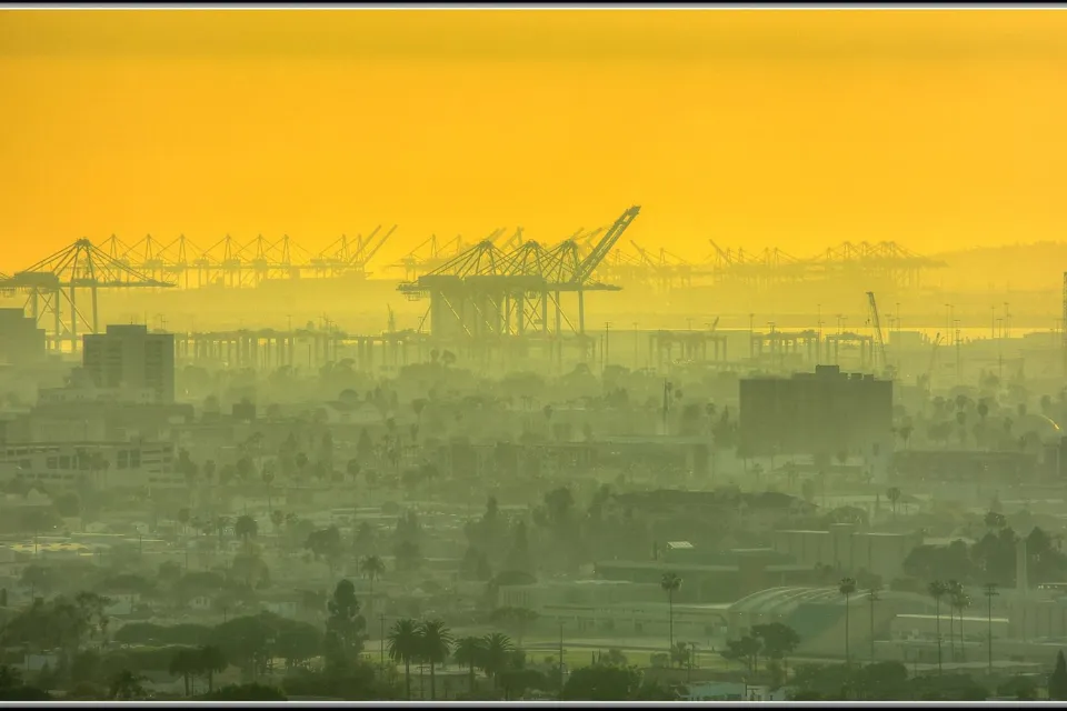 Looking out over Port of LA. A low fog rolling in over the whole area.